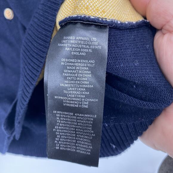 Royal Monk Banned Apparel Navy Yellow Jaquard Cardigan Sweater women's Size M - Picture 4 of 9